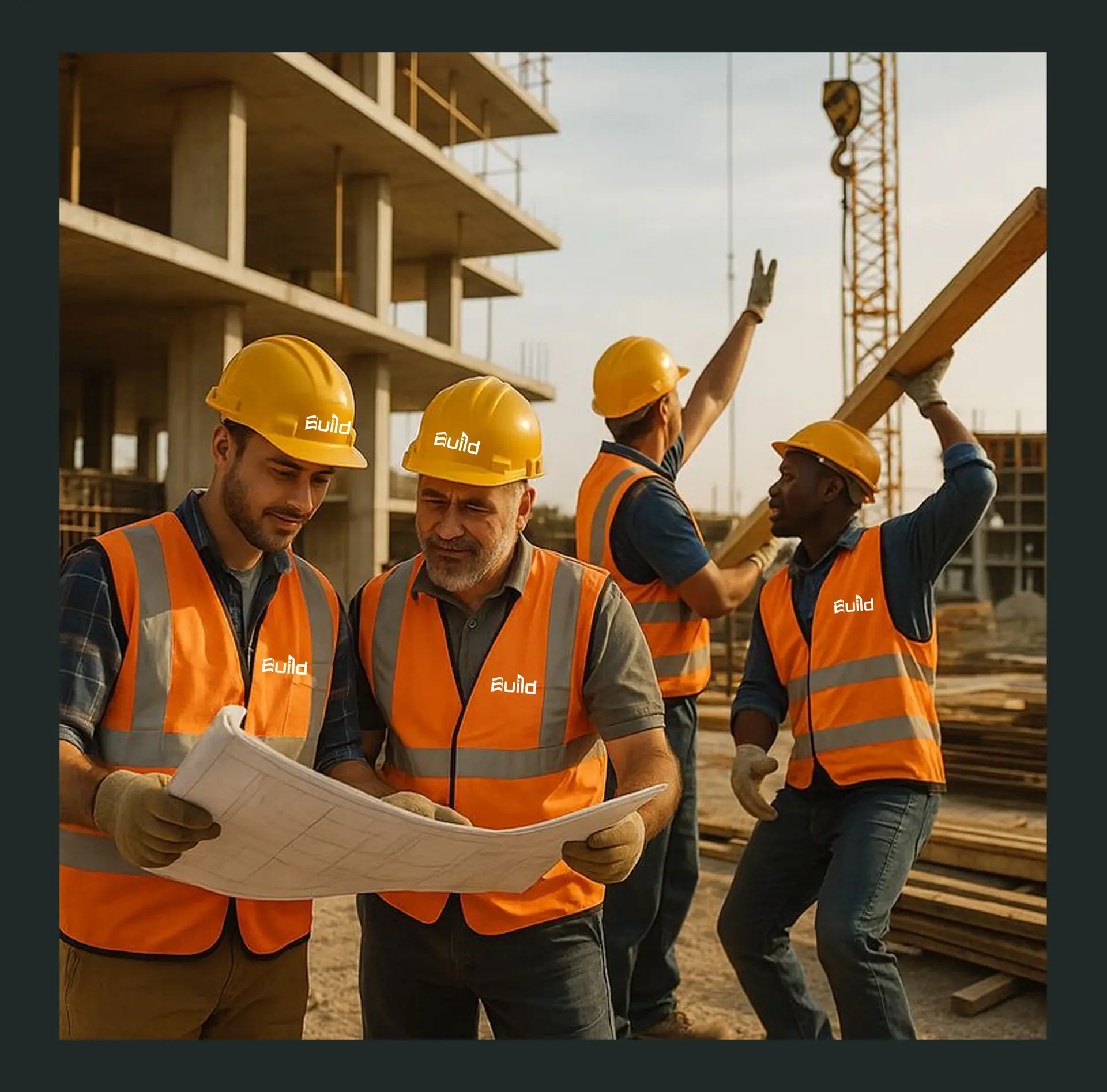 کارگران و مهندسان در یک پروژه ساختوساز با تجهیزات مدرن