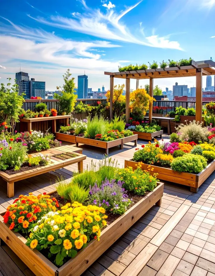 نمونهای از روفگاردن روی یک ساختمان مسکونی چند طبقه با گیاهان متنوع و سیستم آبیاری مناسب