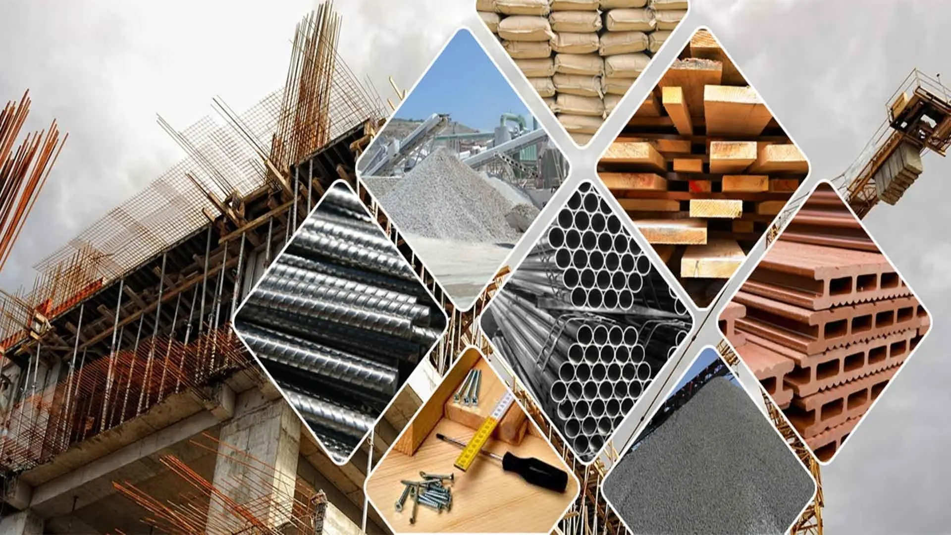 انبار مصالح ساختمانی با کانتینرهای پر از سیمان و آجر