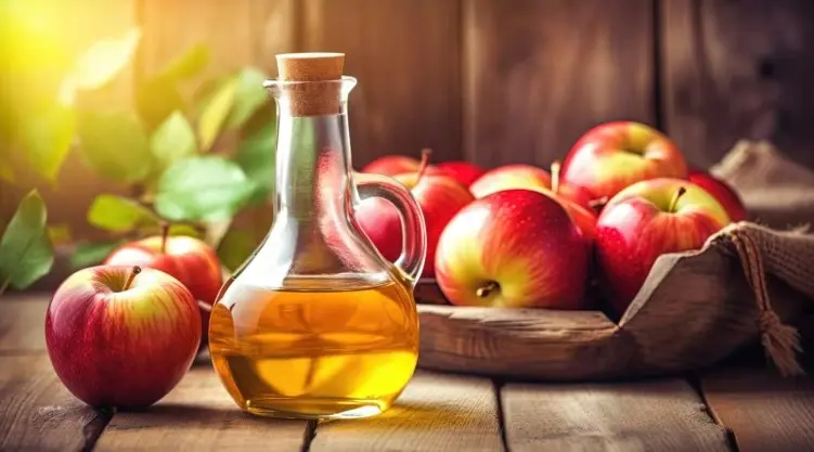 بوتلی سرکه سیب طبیعی با رنگ طلایی و کف آن