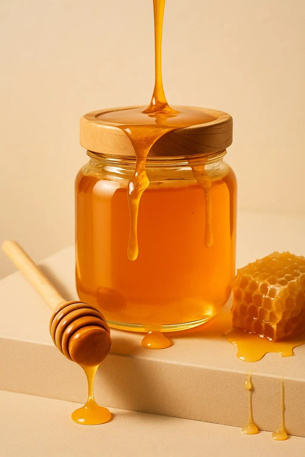 عسل طبیعی در بطری شیشه‌ای با بافت کریستالی و رنگ طبیعی