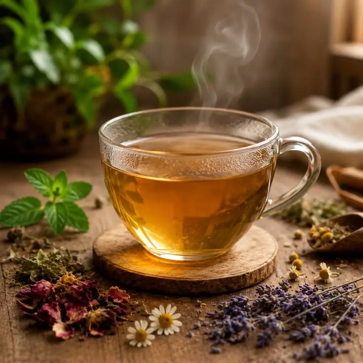 فنجان چای داغ با بخار و برگهای تازه در کنار آن