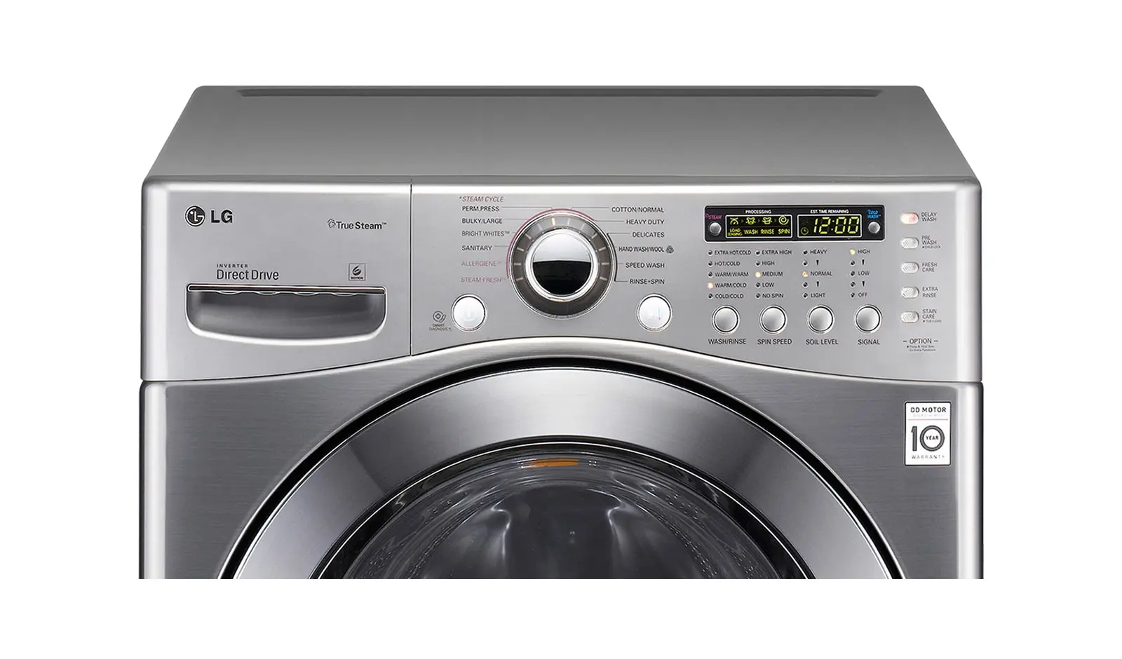 پنل کنترل دیجیتال ماشین لباسشویی با نمایشگر LCD و دکمههای برنامهریزی