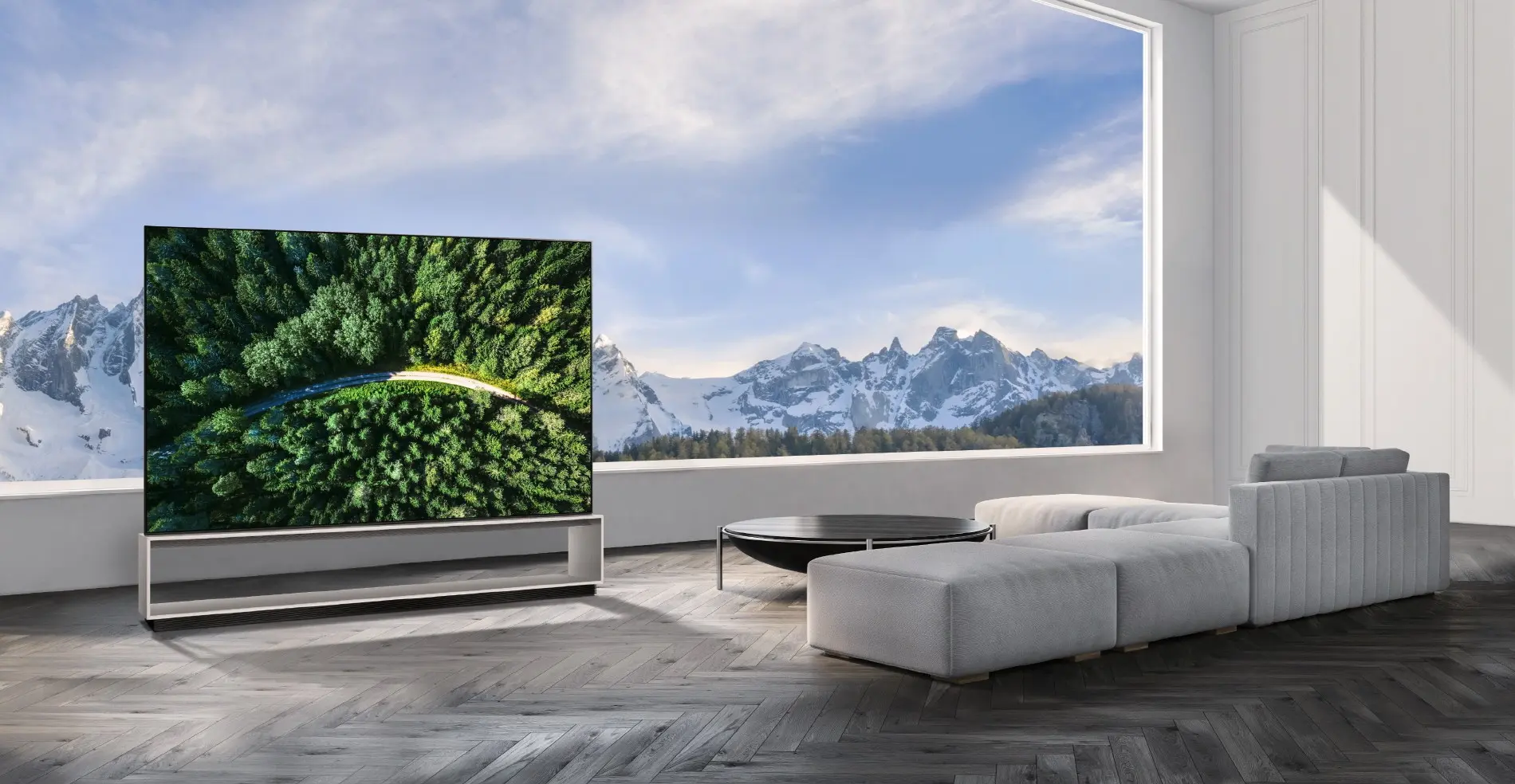 نمونهای از تلویزیون OLED ۸کی با طراحی مدرن و پنل نمایش با کنتراست بالا