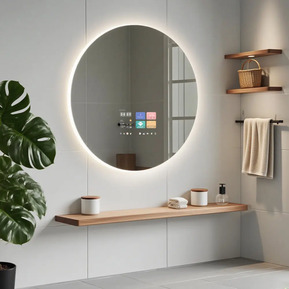 نمونهای از آینه هوشمند گرد با نمایشگر LED و طراحی مدرن