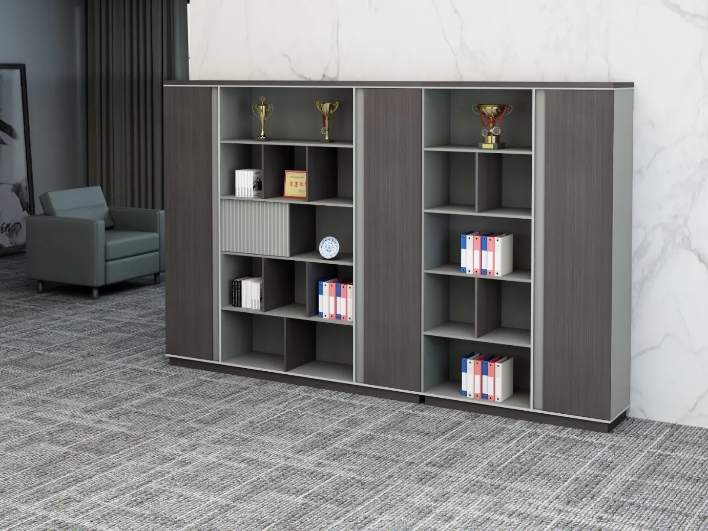 کابینت کتابخانه مدرن با طراحی مدرن و لایه چوب