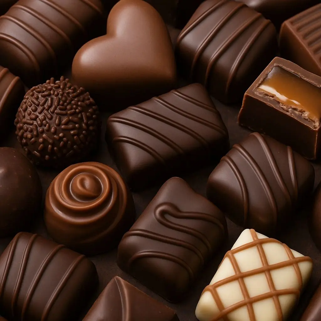 شکلاتهای مختلف در یک کاسه چوبی
