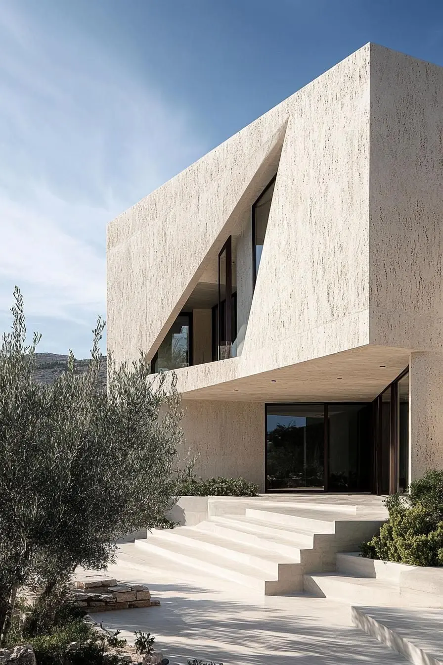 نمونهای از نمای سیمانی مدرن با طراحی متنوع و خطوط هندسی