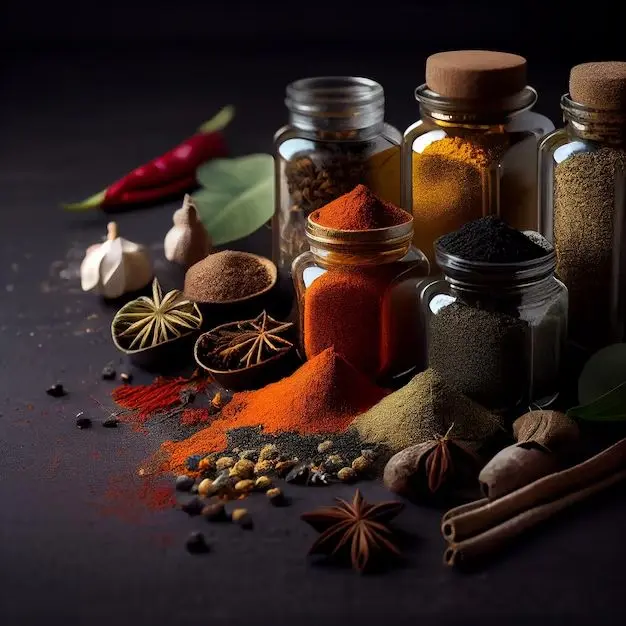 یک ظرف غذا هندی با ادویه‌های متنوع و رنگارنگ