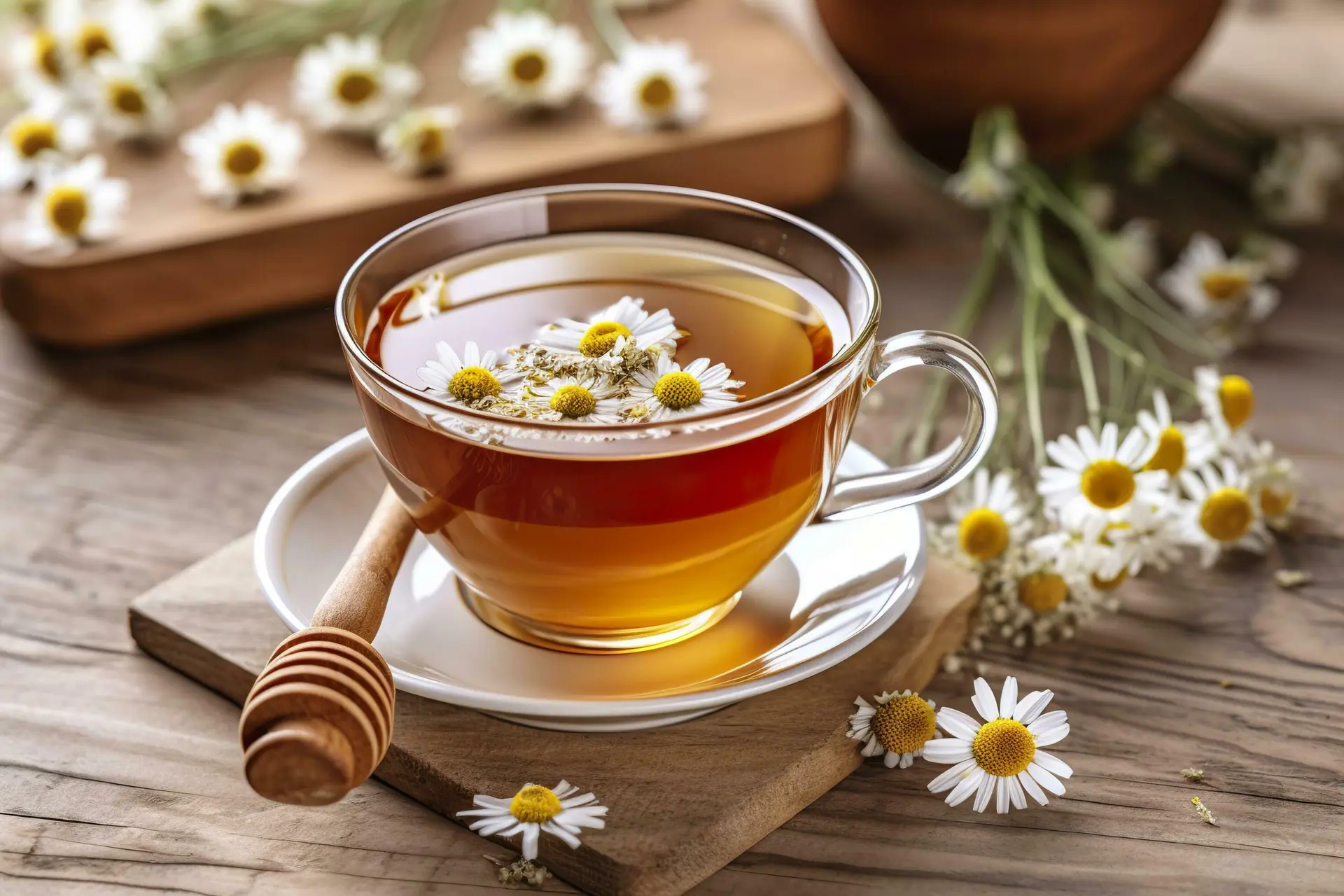 فنجان چای بابونه داغ روی زمینه چوبی روشن