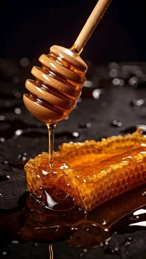 عسل طبیعی در ظرف چوبی با گل‌های اطراف
