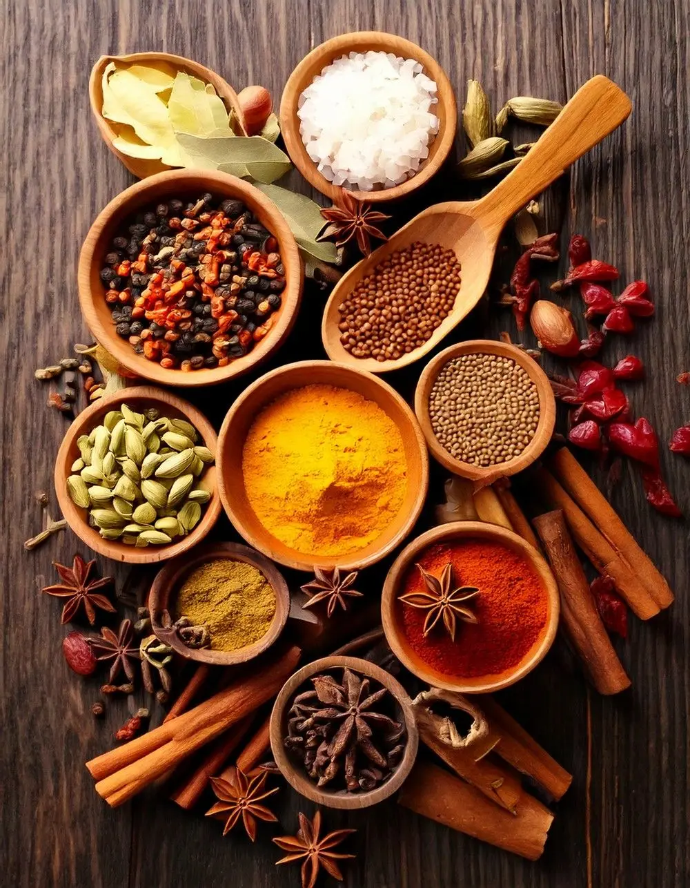 یک میز آشپزخانه با ادویه‌های مختلف و مواد اولیه تازه