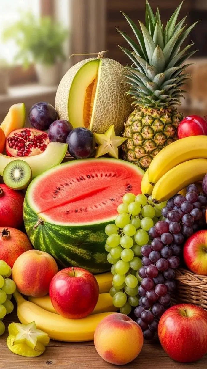 مجموعهای از میوههای مختلف در یک سبد چوبی برای نمایش تنوع و زیبایی