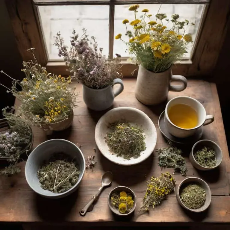 چندین نوع دمنوش گیاهی در ظرف‌های شیشه‌ای با برگ‌های مختلف