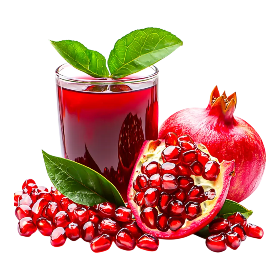 آب انار تازه با میوه انار کامل و بریده شده و برگهای سبز