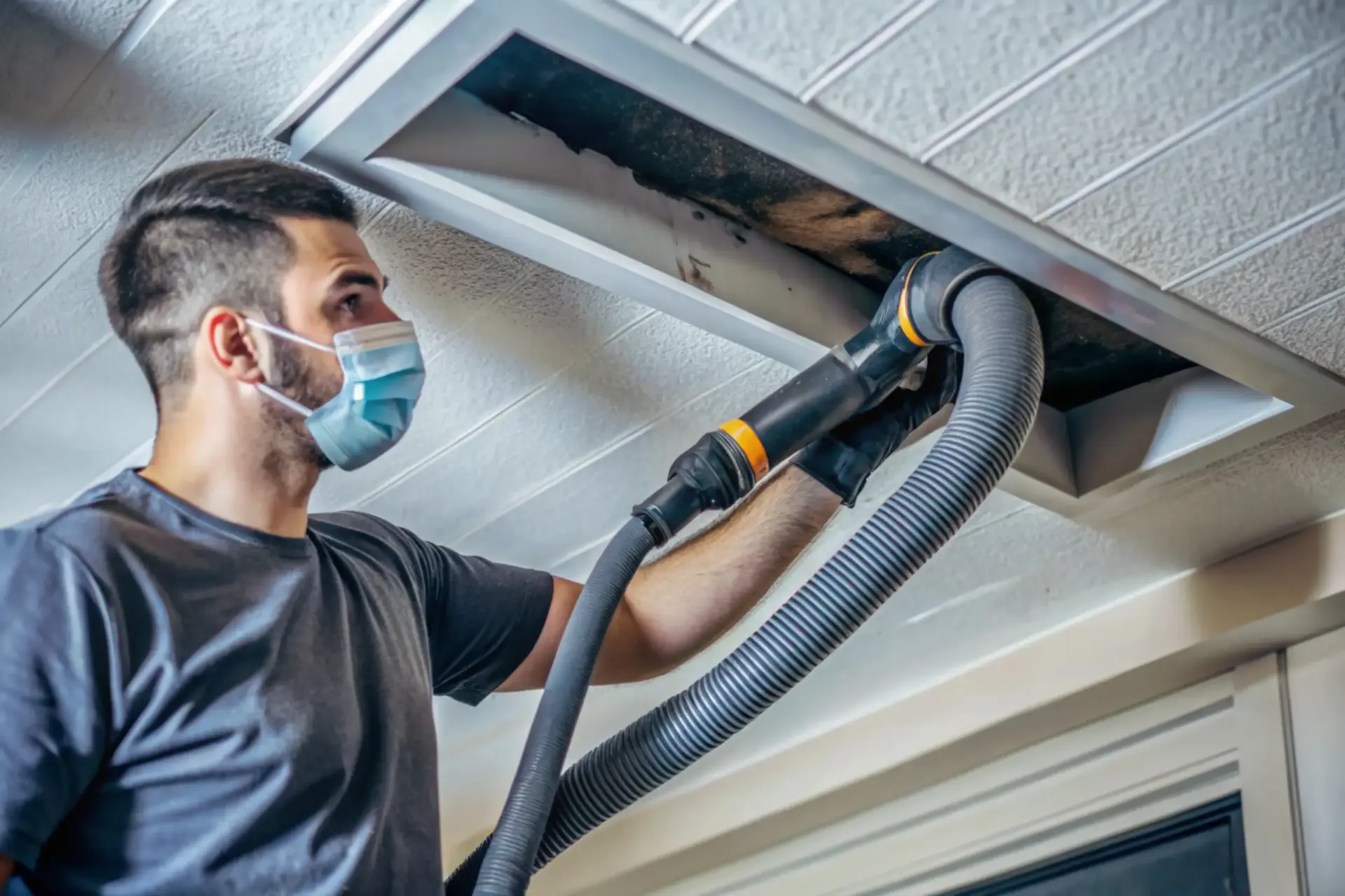 تکنیکر HVAC در حال تمیزکاری کانالهای تهویه و بررسی عملکرد فن کانالی