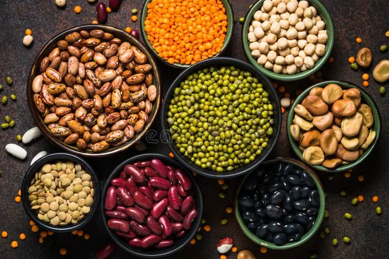 چندین کاسه مختلف حاوی انواع حبوبات پخته شده مانند عدس، لوبیا و نخودچی در سطح سنگی