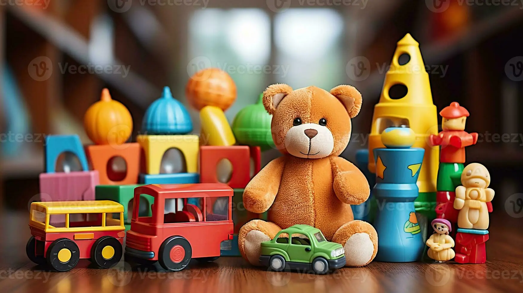 مجموعه‌ای از اسباب‌بازی‌های رنگارنگ و آموزشی بر روی میز