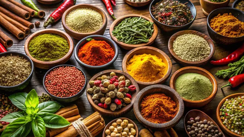 یک ظرف پاستا با سس طعم‌دار و ادویه‌های تازه