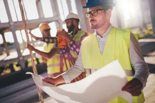 مهندس ناظر در حال بررسی جزئیات فنی یک پروژه ساختوساز
