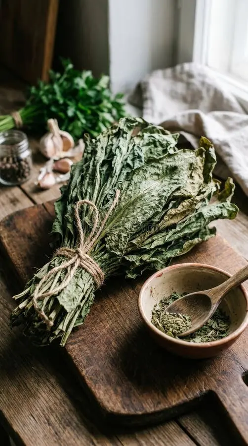 بستهبندیهای ترخون خشک و ادویههای دیگر روی تخته چوب