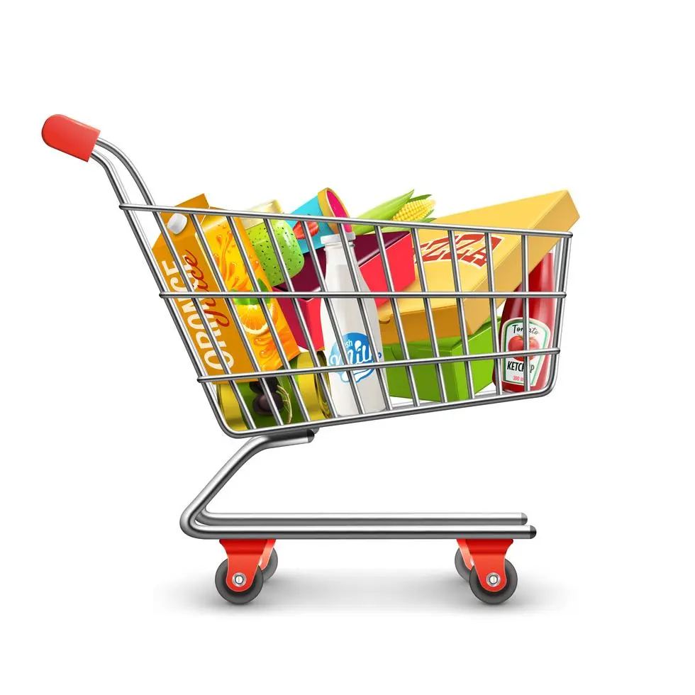 سبد خرید در سوپرمارکت با کالاها و گیت ضد سرقت فعال