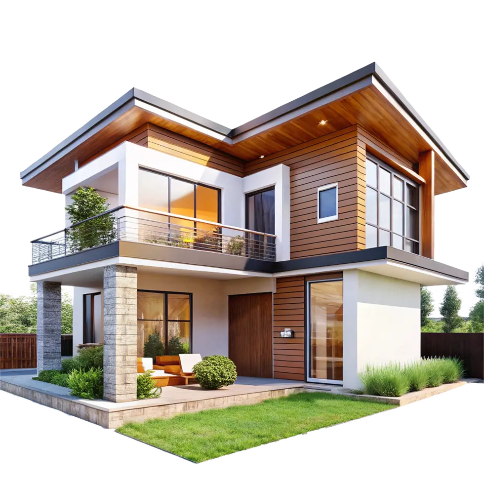 یک خانه مدرن دو طبقه با نورگیری طبیعی از پنجرههای بزرگ