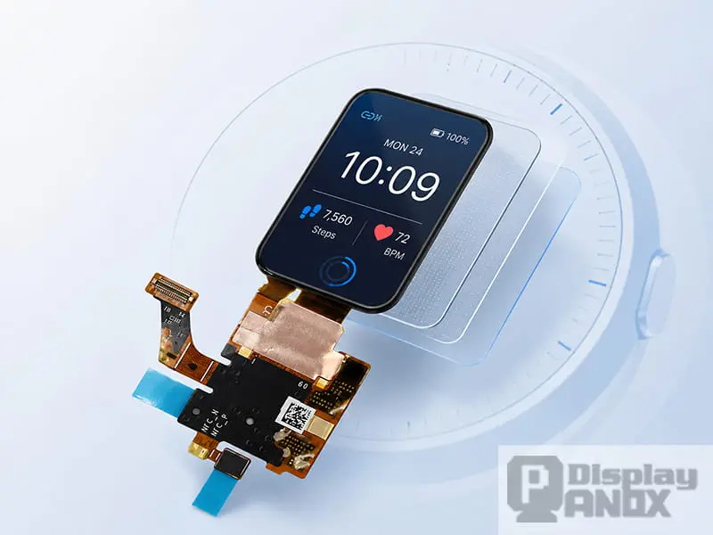 نمونهای از نمایشگر OLED انعطافپذیر با اندازه ۱٫۶ اینچ که روی یک ماده انعطافپذیر نصب شده است