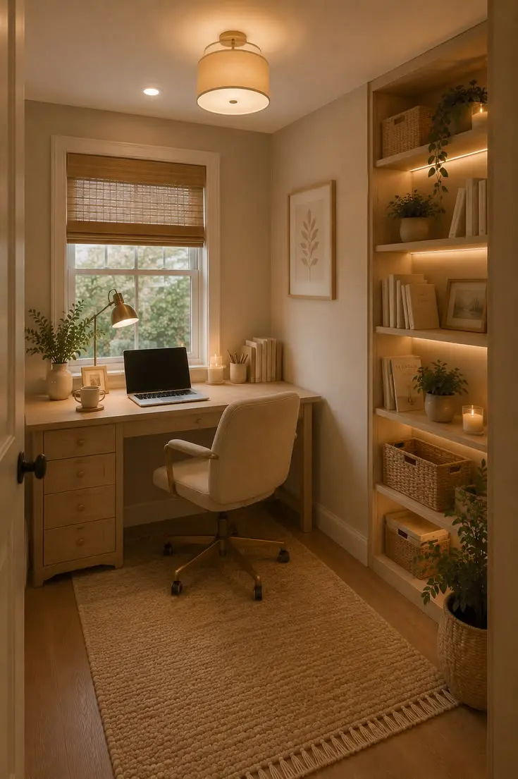 یک فضای مطالعه آراسته با نور طبیعی و کتابخانه کوچک