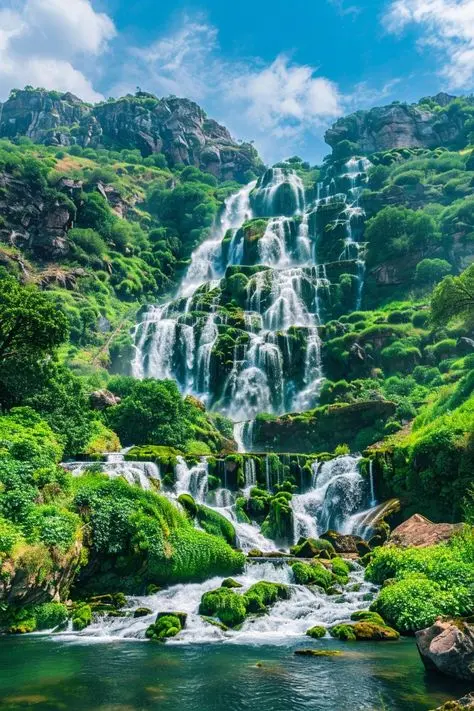 منظره آبشار کوهسار چال در میان جنگلهای سرسبز لرستان