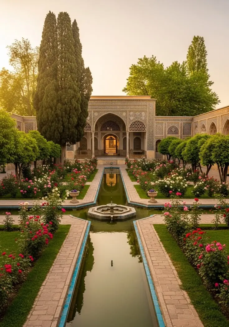 باغ ایرانی با درختان بومی و مسیرهای پیادهروی زیبا