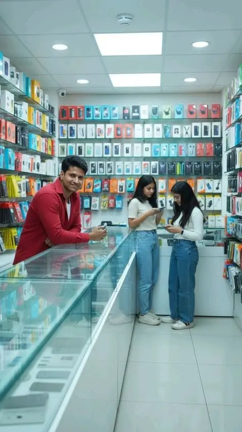 نورپردازی مناسب در فروشگاه موبایل با استفاده از نورهای LED جهتدار و روشنایی مناسب برای نمایش محصولات