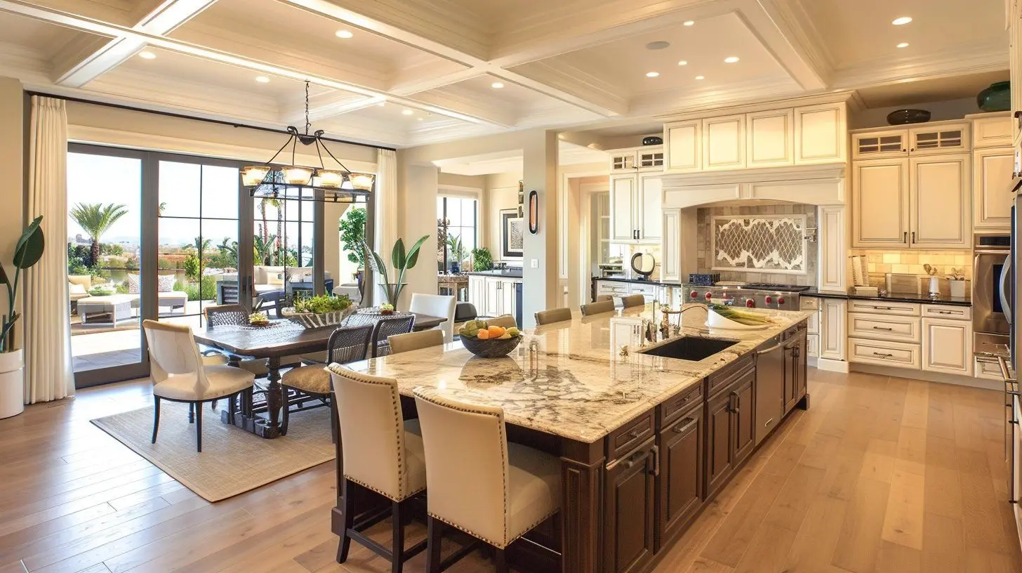 آشپزخانه روشن و مرتب با نور طبیعی و رنگ‌های گرم