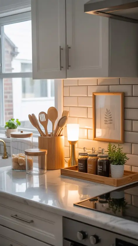 کابینتهای چوبی با طراحی کلاسیک و خطوط صاف در آشپزخانه نئوکلاسیک