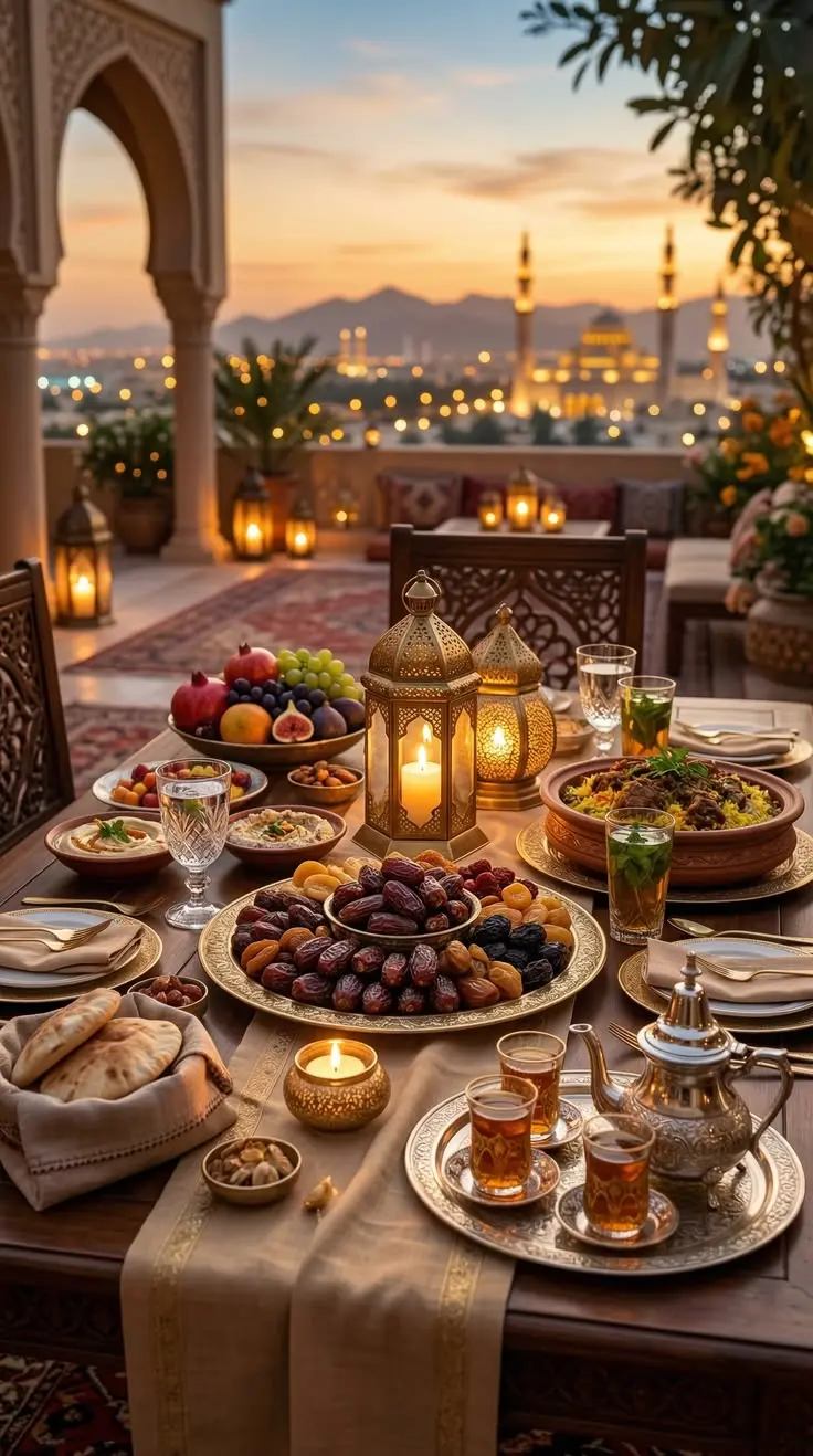 سفره افطار متنوع با غذاهای گرم و سرد