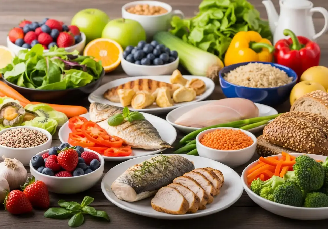 یک میز غذا با غذاهای سالم و متنوع که نشان‌دهنده تغذیه متعادل است