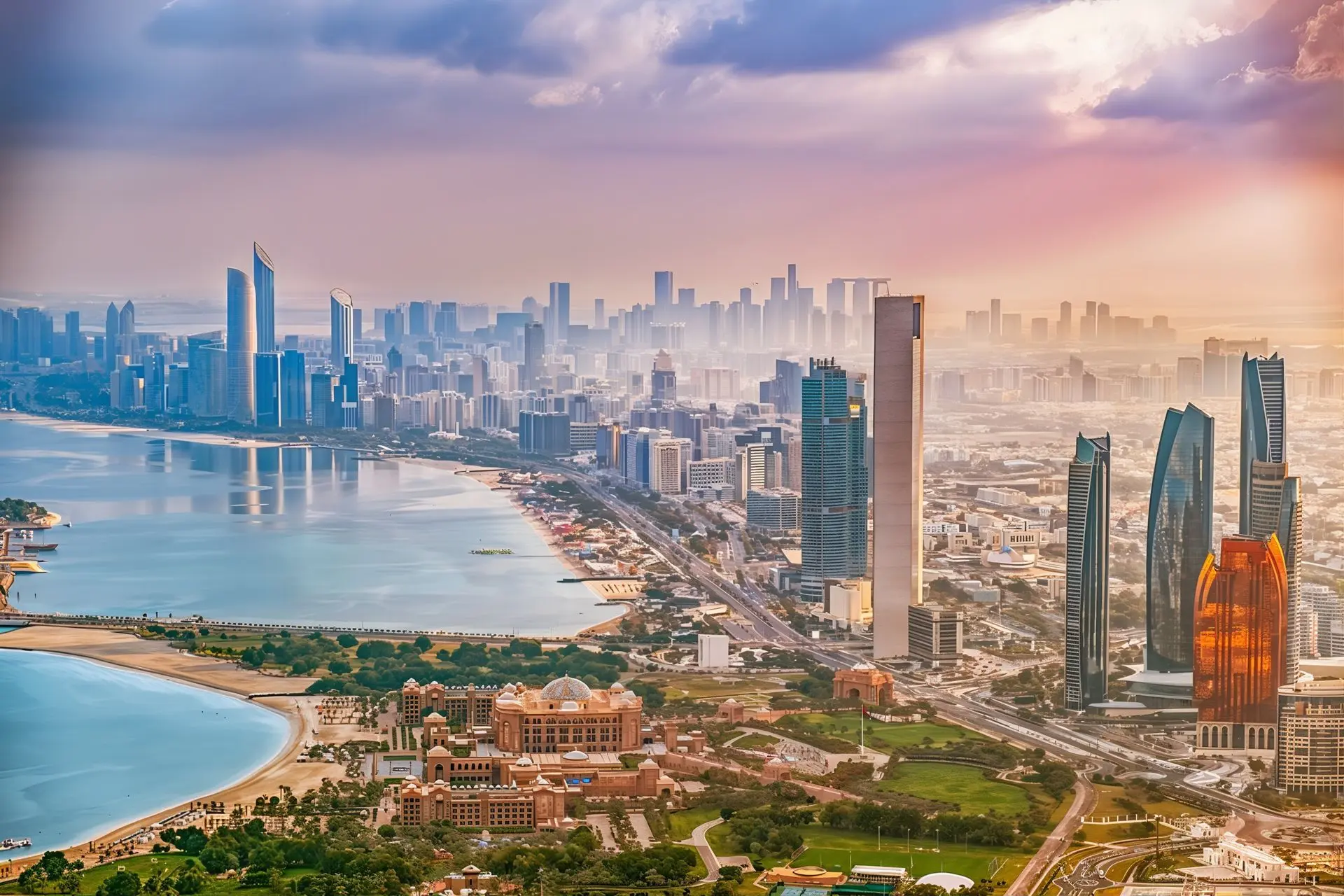 منظره ابوظبی در فصل بهار با آسمان صاف و درختان سبز