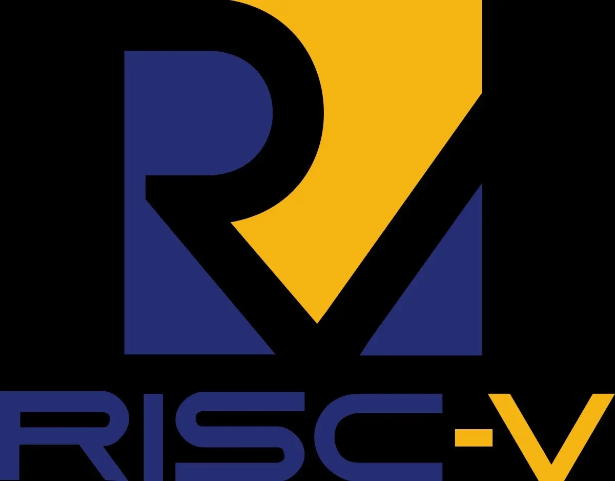 لوگو معماری RISC-V با نمادهای مرتبط با پردازش و طراحی منبعباز