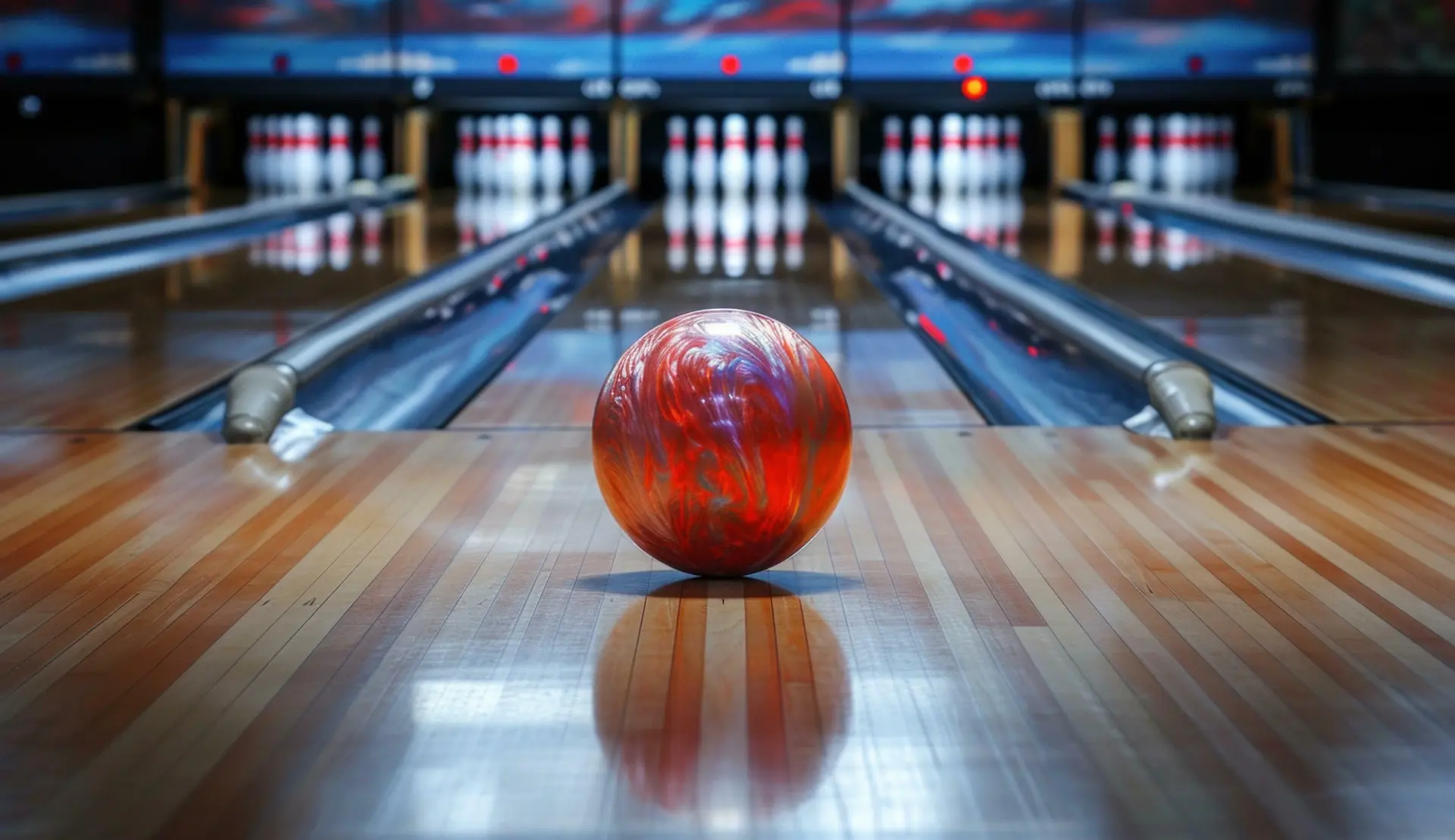 توپ بولینگ در جلوی پینها با توپهای دیگر در پسزمینه