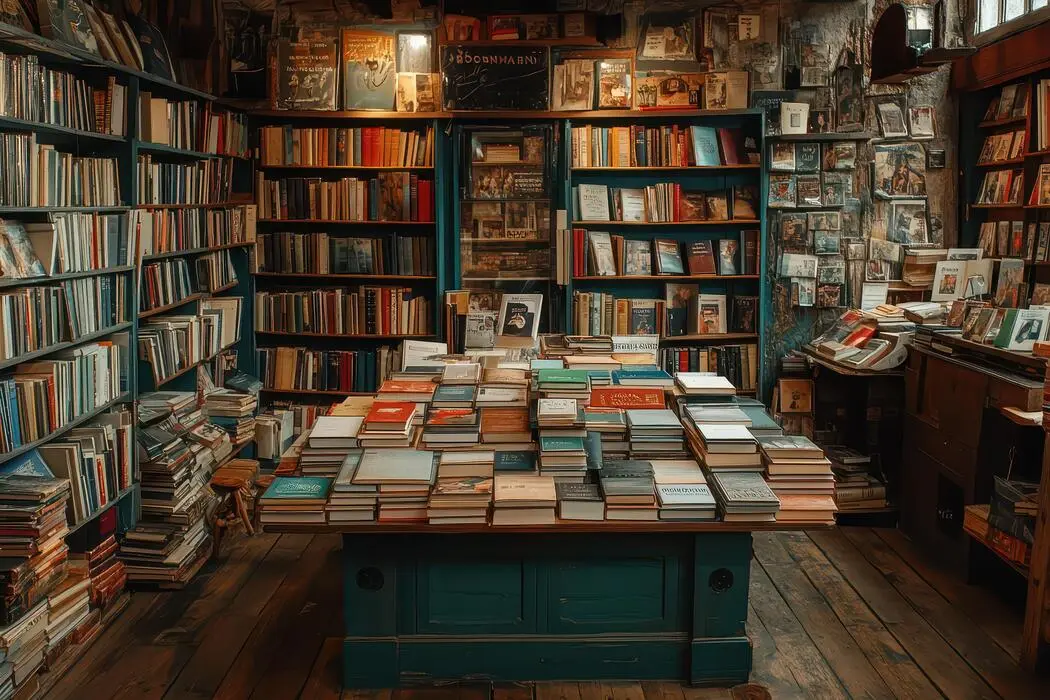 کتابفروشی زیبا با قفسه‌های پر از کتاب و نورپردازی مناسب