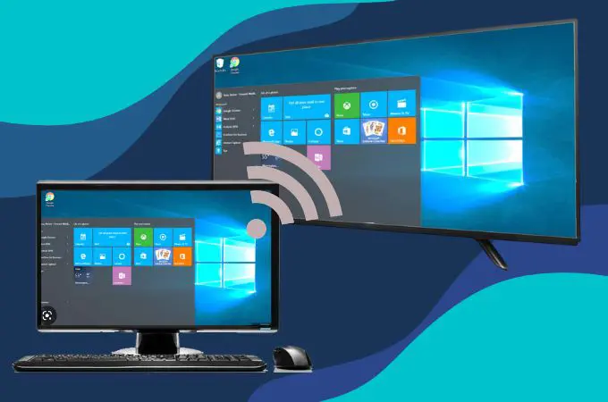کامپیوتر متصل به تلویزیون با کابل HDMI و تنظیمات نمایش فعال