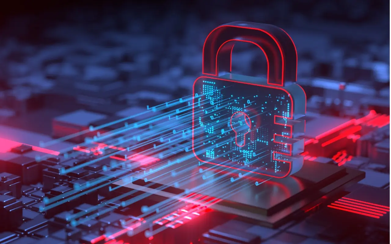 نمای گرافیکی حمله فیشینگ و رنسومویر با نمادهای ایمیل، قفل و رمزگذاری