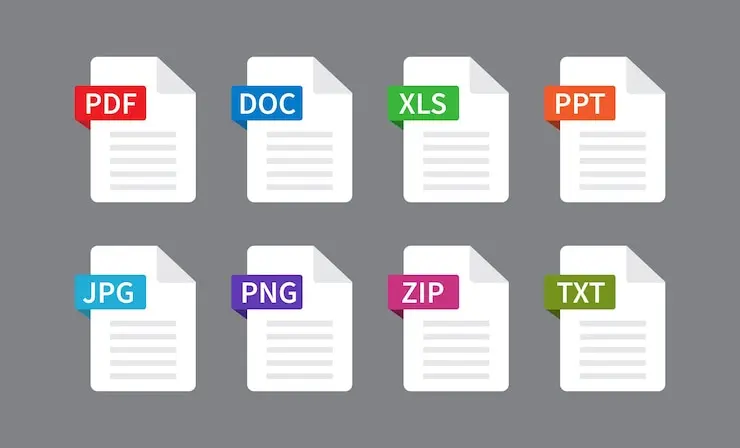 نمادهای مختلف فایل شامل PDF، DOC، XLS، PPT، JPG، PNG و ZIP در زمینه خاکستری