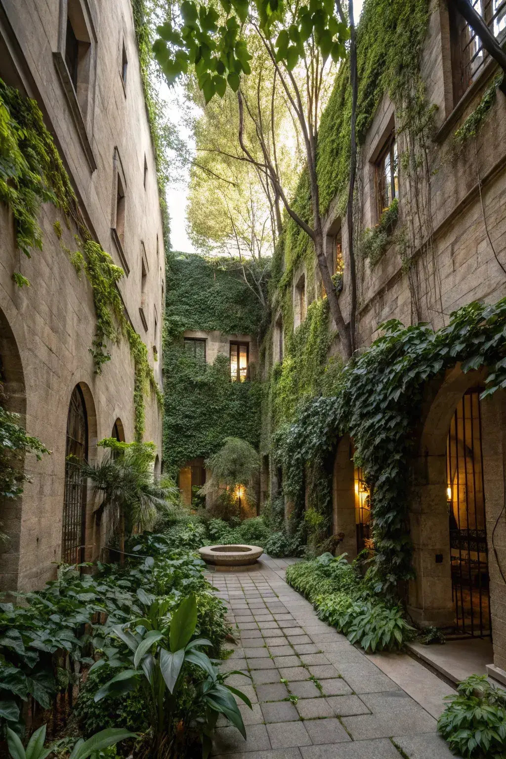 معماری سنتی ایرانی با حیاط مرکزی و درختان