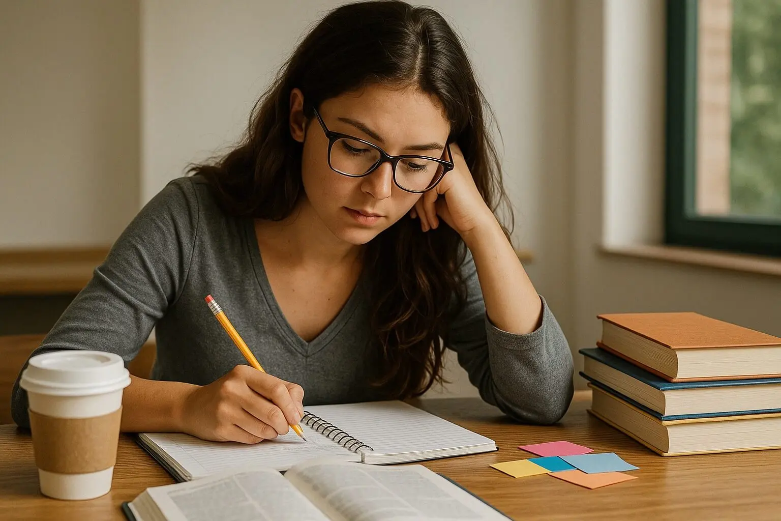 یک دانشجو در حال مطالعه با کتاب و دفتر یادداشت، نشان‌دهنده تمرکز و دقت در پژوهش