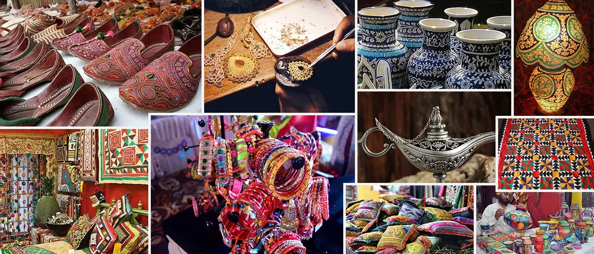 نمایشگاه صنایع دستی ایرانی با محصولات متنوعی مانند سفال، فلزکاری و قالیچه