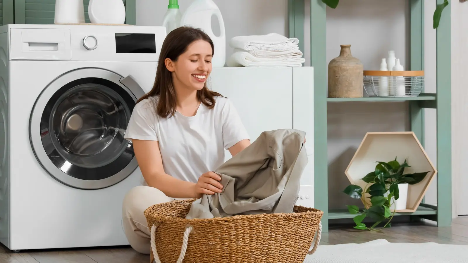ماشین لباسشویی با درب باز و لباسهای داخل آن