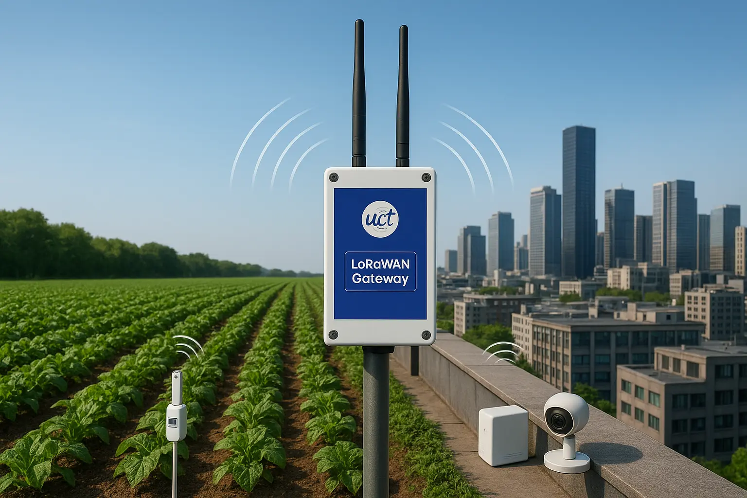 نمایی از شبکه LoRaWAN در یک شهر هوشمند با گیتویهای مختلف و حسگرهای متصل به آن