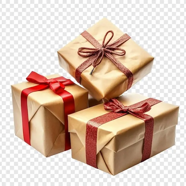 سه هدیه زیبا با نوارهای طلایی و قرمز بستهبندی شده